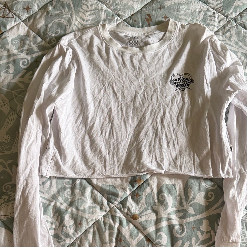 Vans White Cropped Long Sleeve Shirt with Black Skull Logo